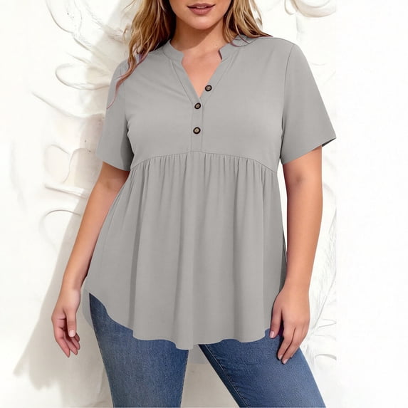 TaTaai Womens Plus Size Solid Color Casual Top V-Neck Decorative Buttons Soft Stretchy Fabric Breathable Lightweight 3/4 Sleeve Relaxed Fit Daily Wear Work Vacation Beach Outfit Gift