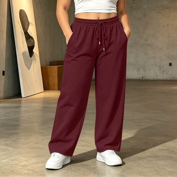 TaTaai Womens Plus Size Solid Drawstring Elastic Waist Sweatpants with Pockets Loose Casual Trousers Bottoms for Daily Home