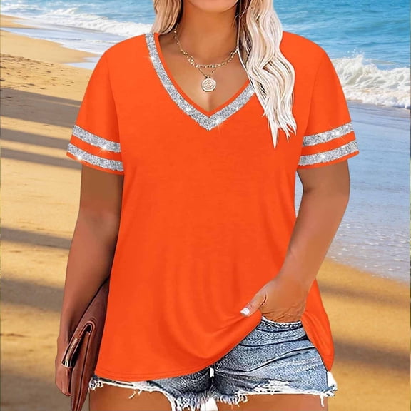 TaTaai Womens Plus Size Summer Casual Loose V Neck Color Block Short Sleeve Tee Tops Fashion Soft Lightweight Comfy Basic T Shirts for Daily Wear Gift