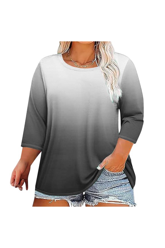 Womens Plus Size Tops 3/4 Sleeve Round Neck Ombre Print Loose Blouse Casual Comfy Soft for Daily Home