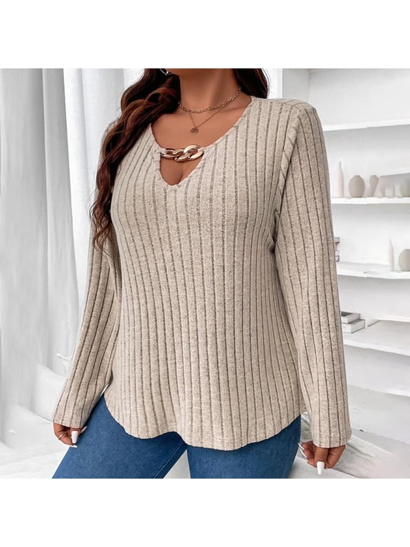 Womens Plus Size Tops Long Sleeve V Neck Metal Buckle Sweater Casual Comfy Soft Loose for Fall Winter