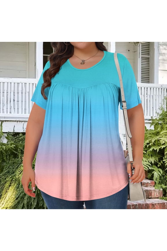 Womens Plus Size Tops Short Sleeve Loose Fit Crew Neck Ombre Gradient Print Pleated Solid Soft Breathable Blouse for Spring Summer Gift