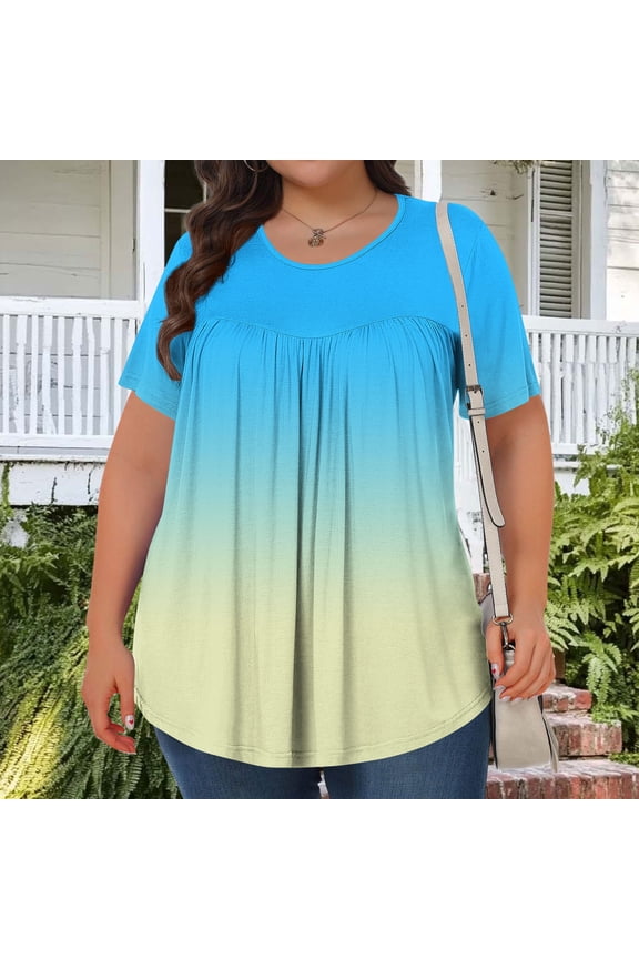 Womens Plus Size Tops Short Sleeve Loose Fit Crew Neck Ombre Gradient Print Pleated Solid Soft Breathable Blouse for Spring Summer Gift
