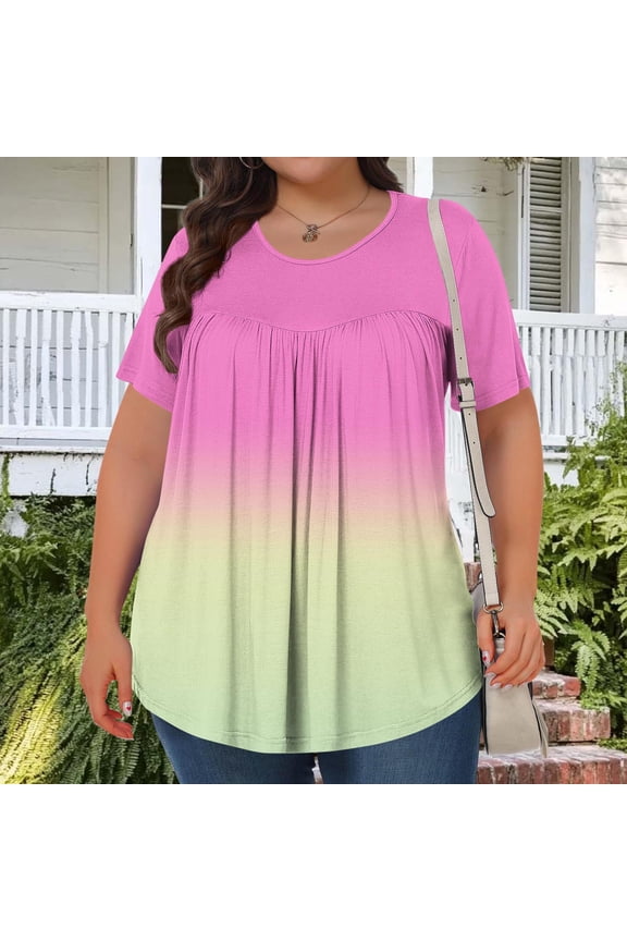 Womens Plus Size Tops Short Sleeve Loose Fit Crew Neck Ombre Gradient Print Pleated Solid Soft Breathable Blouse for Spring Summer Gift