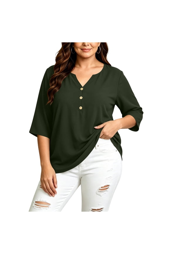 Womens Plus Size Tops Three Quarter Sleeve Loose Fit V Neck Button Front Solid Soft Flowy Blouse for Summer Casual Gift