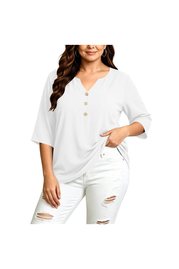 Womens Plus Size Tops Three Quarter Sleeve Loose Fit V Neck Button Front Solid Soft Flowy Blouse for Summer Casual Gift