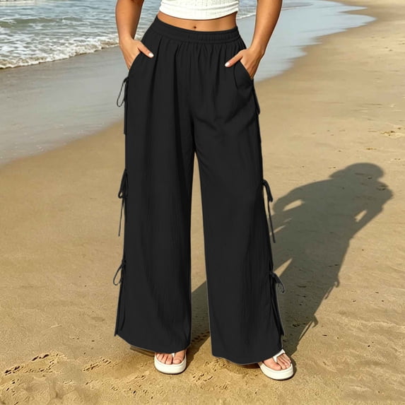 TaTaai Womens Plus Size Wide Leg Pants High Waisted Side Tie Elastic Drawstring Waist Side Pocket Solid Soft Breathable Linen Trousers for Summer Gift