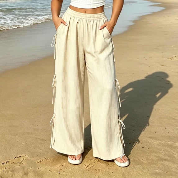 TaTaai Womens Plus Size Wide Leg Pants High Waisted Side Tie Elastic Drawstring Waist Side Pocket Solid Soft Breathable Linen Trousers for Summer Gift