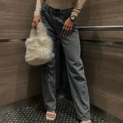 TaTaai Womens Pocket Loose Jeans Long Pants With Hem Split Draping Straight Leg For Streetwear Daily
