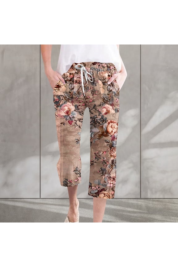Womens Printed Capri Pants Drawstring Elastic Waist Straight Leg Loose Trousers with Pockets for Daily