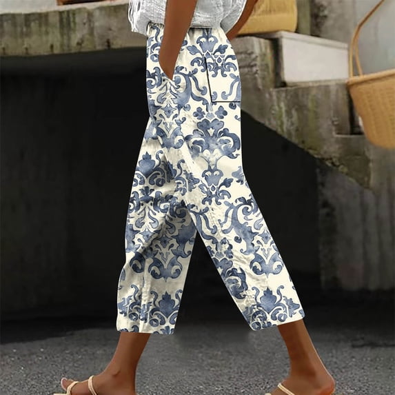 TaTaai Womens Printed Drawstring Capri Pants Elastic Waist Solid Loose Fit Casual Trousers with Pockets for Daily