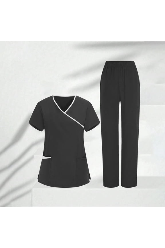 Womens Professional Nurse Uniform Set V Neck Short Sleeve Scrub Top with Pants Pockets for Work Gift