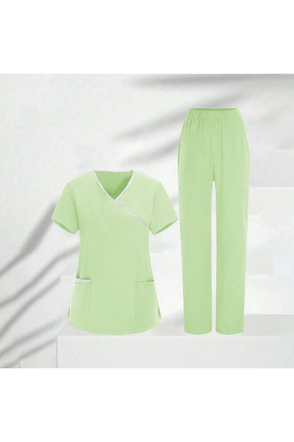 Womens Professional Nurse Uniform Set V Neck Short Sleeve Scrub Top with Pants Pockets for Work Gift
