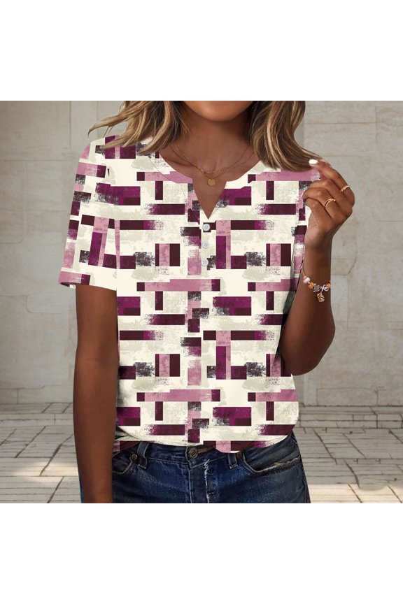 Womens Random Print V Neck Button Decor Loose Tops Short Sleeve Casual Fashion Soft Lightweight Comfy Daily Wear T Shirts for Women Gift