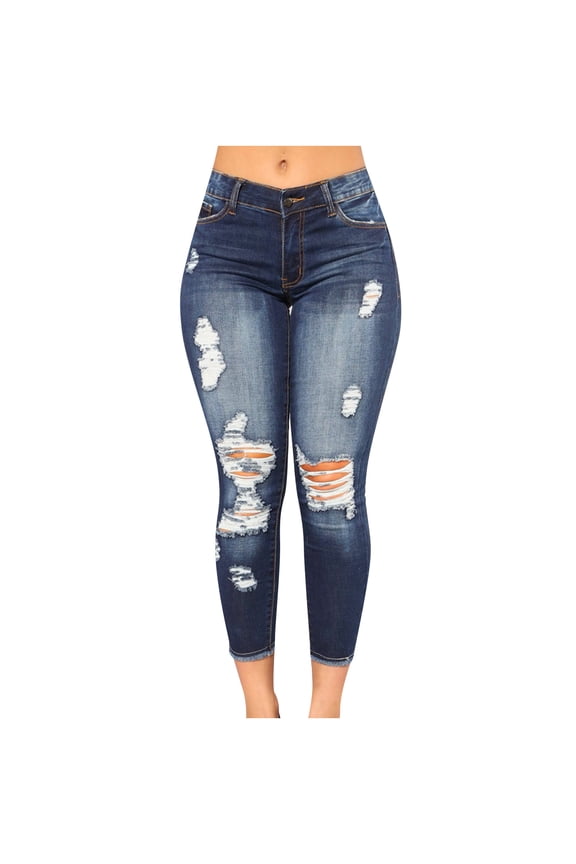 Womens Ripped Solid Jeans Casual Denim Pants with Pockets for Daily Wear