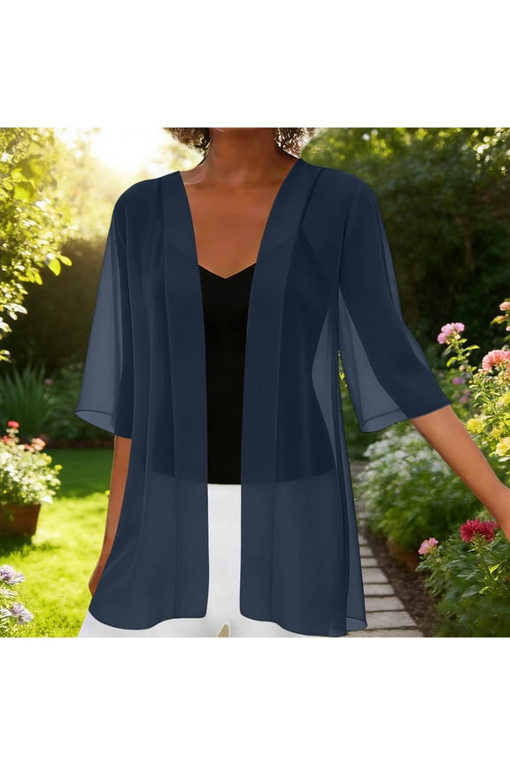 Womens Scalloped Chiffon Cardigan Open Front Lightweight Solid Color Blouse for Daily Summer Gift