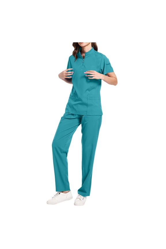 Womens Scrub Set Two Piece V Neck Short Sleeve Zip Up Top with Multi Pocket Drawstring Pants Solid Soft Breathable Caregiver Uniform Gift