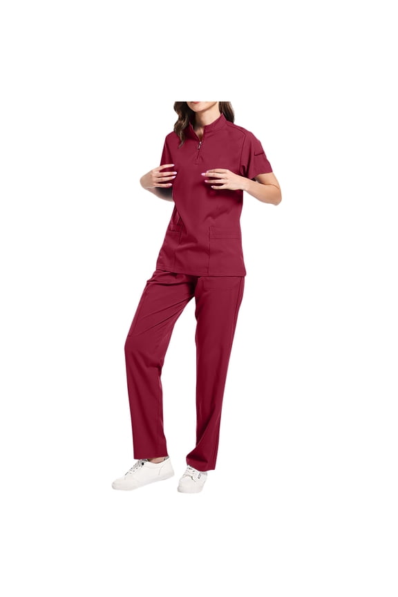 Womens Scrub Set Two Piece V Neck Short Sleeve Zip Up Top with Multi Pocket Drawstring Pants Solid Soft Breathable Caregiver Uniform Gift