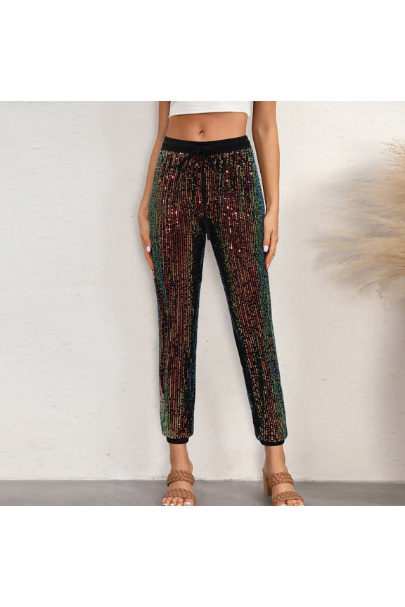 Womens Sequin Jogger Pants Elastic Waist Drawstring Loose Cuffed Long Trousers for Daily