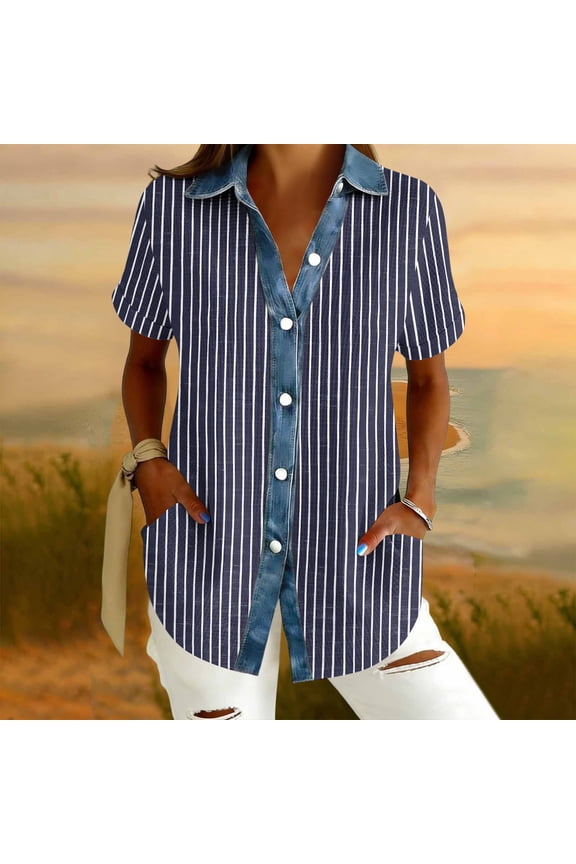 Womens Short Sleeve Button Down Shirts Casual Denim Look Collared Blouses with Allover Print Loose Fit for Summer 1-Pack Gift
