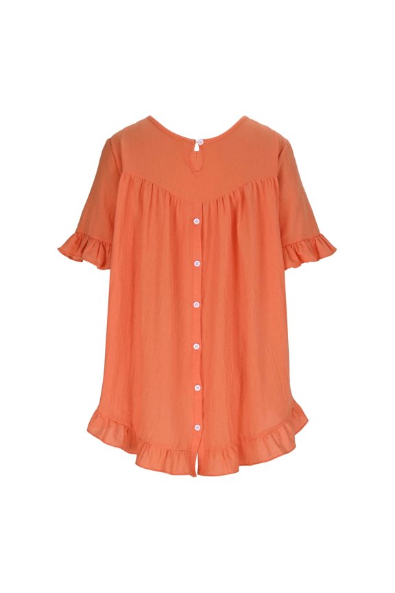 Womens Short Sleeve Button Down Shirts Casual Linen Blend Blouses with Ruffle Hem and Cuffs Reversible Solid Color for Spring 1-Pack Gift