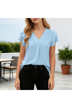 Womens Short Sleeve Tops Loose Fit V Neck Double Layer Petal Sleeve Ruched Bust Solid Soft Breathable Blouse for Spring Summer Gift
