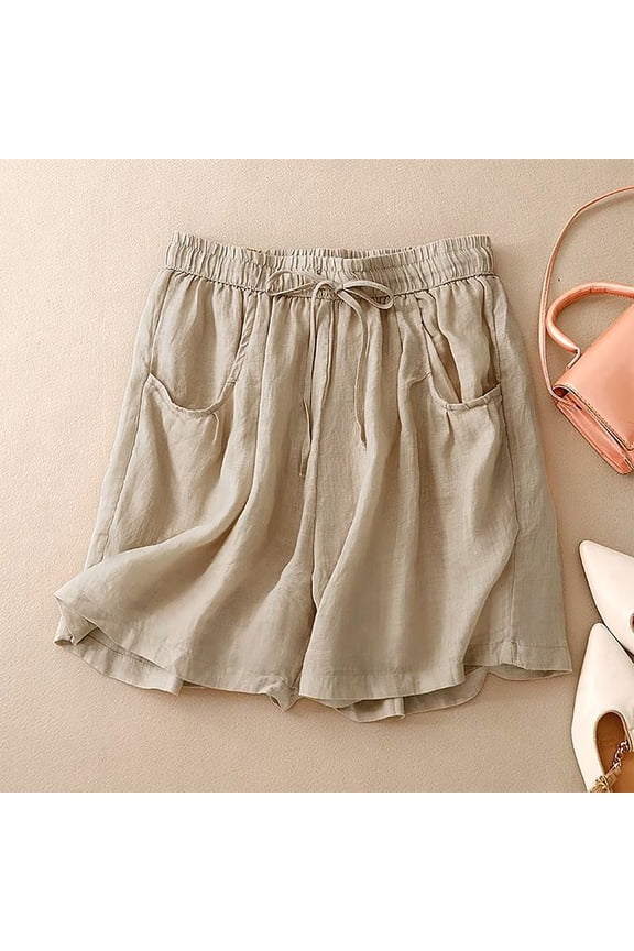 Womens Shorts Drawstring Elastic Waist Side Pocket Loose Fit Solid Soft Breathable Casual Linen Shorts for Summer Gift