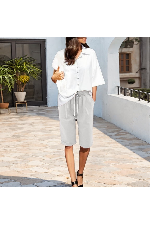 Womens Shorts Elastic Drawstring Waist Side Pocket Rolled Hem Solid Soft Breathable Casual Linen Shorts for Summer Gift