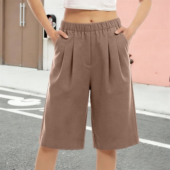 TaTaai Womens Shorts Five Length Drawstring Elastic Waist Side Pocket Solid Soft Breathable Casual Linen Shorts Gift