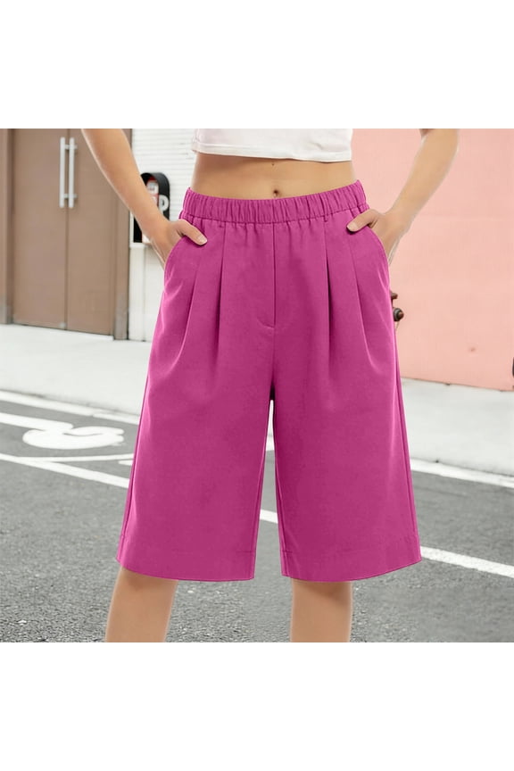 Womens Shorts Five Length Drawstring Elastic Waist Side Pocket Solid Soft Breathable Casual Linen Shorts Gift