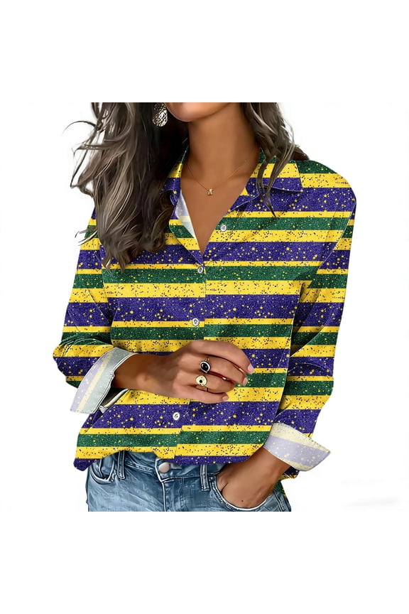 Womens Silky Ombre Satin Blouse Long Sleeve Button Down Collar Gradient Color Loose Fit Open Front Party Wear Gift