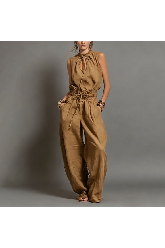 Womens Sleeveless Jumpsuit Drawstring Waist Loose Long Pants Round Neck Hollow Out Back Zipper Summer Casual Two Piece Sets