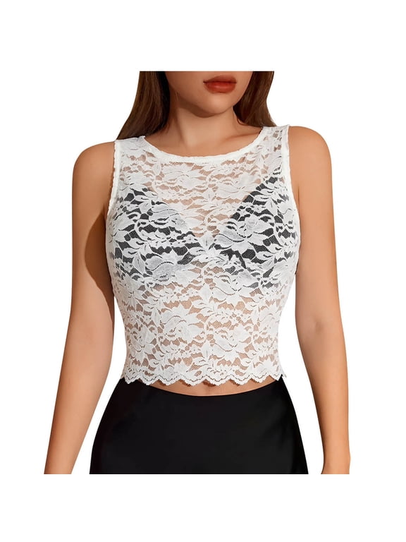 Womens Sleeveless Top Slim Fit Crew Neck Floral Sheer Solid Soft Cami for Summer Layering Gift