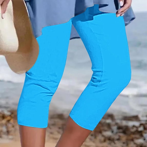 TaTaai Womens Solid Color Athletic Cropped Pants Elastic Waist Loose Soft Beach Capris For Summer Casual Wear