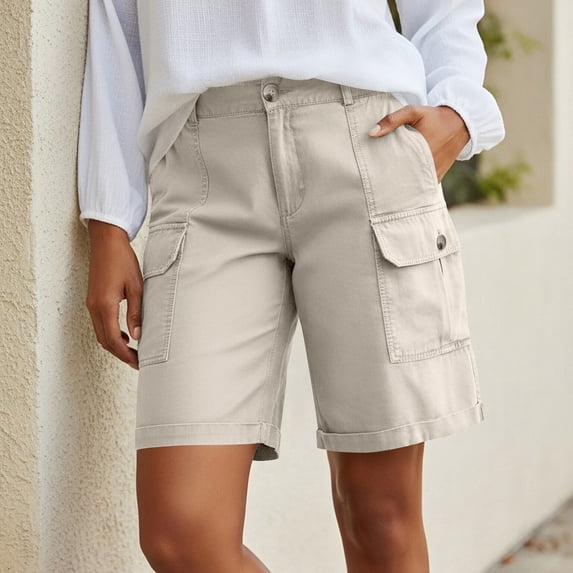 TaTaai Womens Solid Color Cargo Shorts with Multi-Pockets Elastic Waist 5 Inch Knee Length Casual Loose Fit Bermuda Pants for Spring Summer Daily Wear Gift