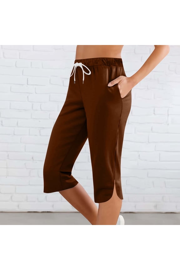 Womens Solid Drawstring Elastic Waist Capri Pants Side Slit with Pockets Loose Casual Trousers Bottoms for Daily Beach