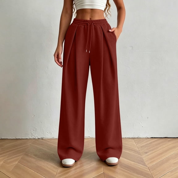 TaTaai Womens Solid Drawstring Elastic Waist Straight Sweatpants Front Pleated Loose Casual Trousers Bottoms for Daily Sport