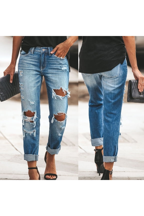 Womens Solid High Waist Straight Jeans with Distressed Holes Street Style Loose Fit for Daily Casual