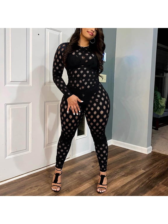 Womens Solid Hollow Out Burnout Zip Up Long Sleeve Bodysuit Tight Fit Stretchy Sexy for Club Party Night