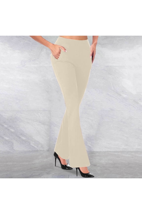Womens Solid Knit Flare Pants High Waist Stretchy Slim Bootcut Trousers for Daily