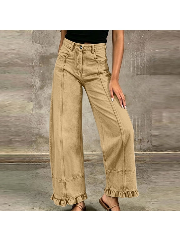 Womens Solid Spliced Folded Hem Jeans with Pockets Loose Casual Denim Trousers Bottoms for Daily