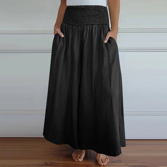 TaTaai Womens Solid Wide Leg Pants Elastic Waist with Pockets Casual Long Trousers for Daily