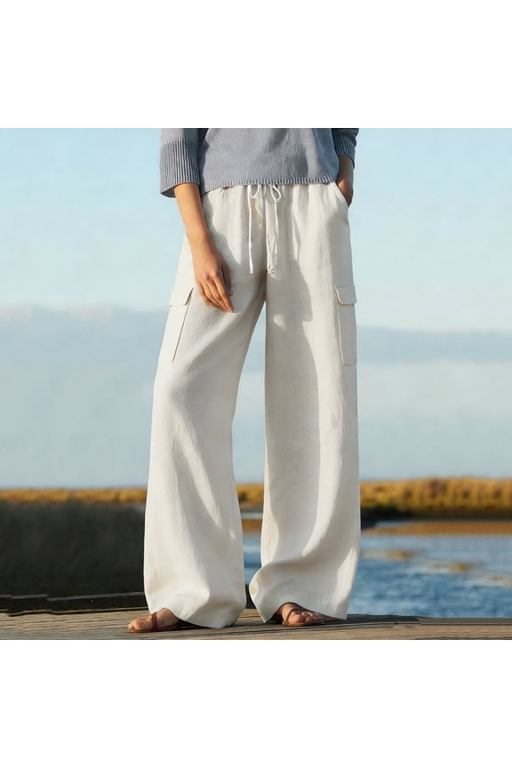 Womens Spring Summer Cotton Linen Straight Pants Solid Color Elastic Waist Casual Work Wear Lightweight Breathable Comfy Trousers With Functional Pockets Gift