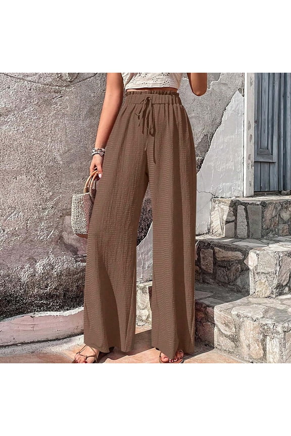 Womens Spring Summer Solid Color Elastic Waist Straight Tube Casual Wide Leg Pants Bubble Grid Pattern For Daily Breathable Wear