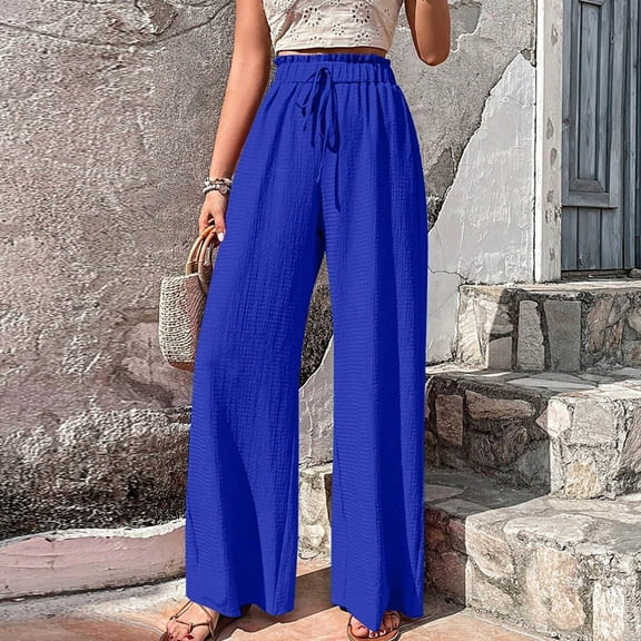 TaTaai Womens Spring Summer Solid Color Elastic Waist Straight Tube Casual Wide Leg Pants Bubble Grid Pattern For Daily Breathable Wear