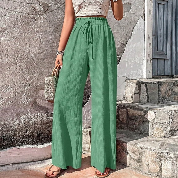 TaTaai Womens Spring Summer Solid Color Elastic Waist Straight Tube Casual Wide Leg Pants Bubble Grid Pattern For Daily Breathable Wear