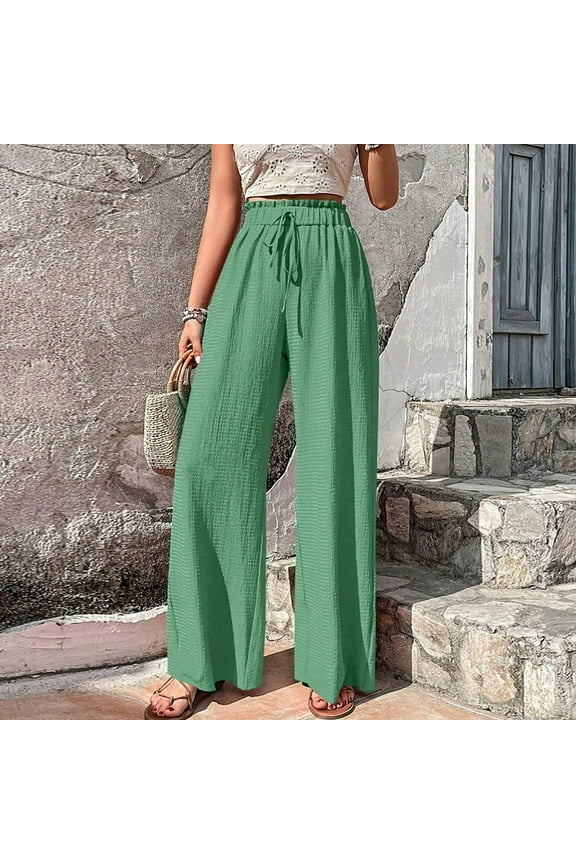 Womens Spring Summer Solid Color Elastic Waist Straight Tube Casual Wide Leg Pants Bubble Grid Pattern For Daily Breathable Wear