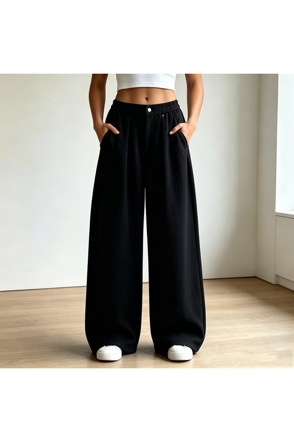 Womens Street Style Wide Leg Sweatpants Elastic Waist with Pleats and Pockets Drapey Floor Length Trousers Bottoms for Daily Lounge