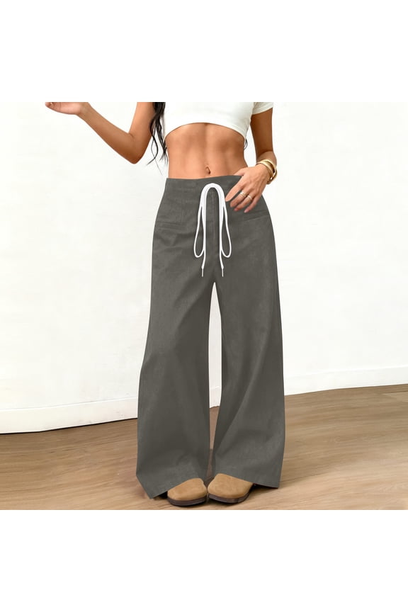 Womens Suede Look Pants Elastic Waist Solid Casual Wide Leg Straight Trousers with Pockets for Daily Home Gift