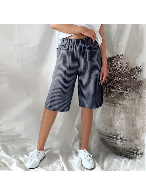 Womens Summer Elastic Waist Pocket Half Shorts Pants Casual Stretchy Woven Jacquard Stripe For Daily